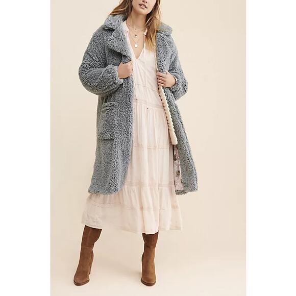 Free People Blue Tessa Teddy Sherpa Oversized Longline Coat - Picture 2 of 12